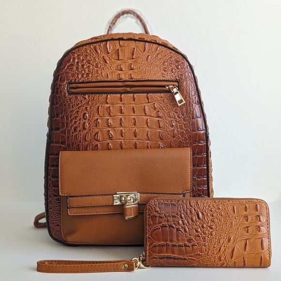 Faux Alligator Leather Dome Zip Top Backpack 5 Pockets Top Handle Amber Brown - Picture 1 of 16